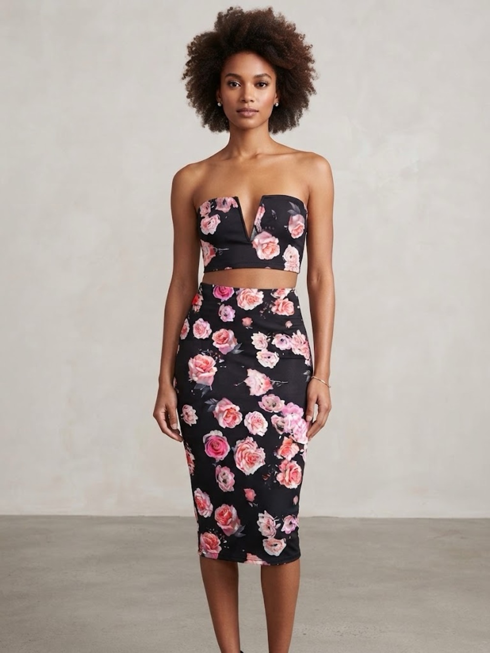 House of elegance NWT Floral 2 piece set skirt+top in Black with Pink Rose Print